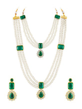 Divine Era Layered Crystal Bridal Set. Green gemstone, white pearls this has a pair of earrings & one short necklace & one long necklace perfect for layered royal look. 