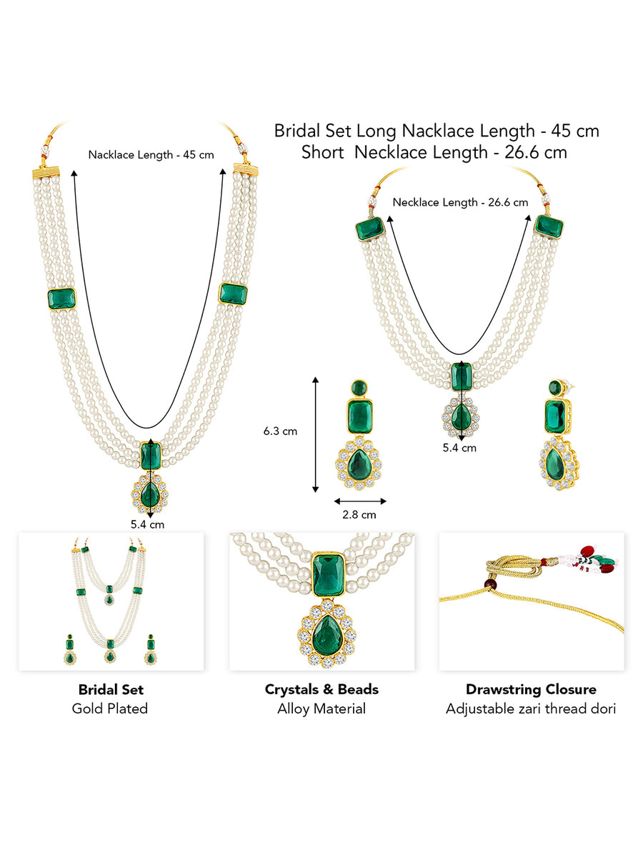 Divine Era Layered Crystal Bridal Set. Green gemstone, white pearls this has a pair of earrings & one short necklace & one long necklace perfect for layered royal look. 