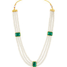 Divine Era Layered Crystal Bridal Set. Green gemstone, white pearls this has a pair of earrings & one short necklace & one long necklace perfect for layered royal look. 