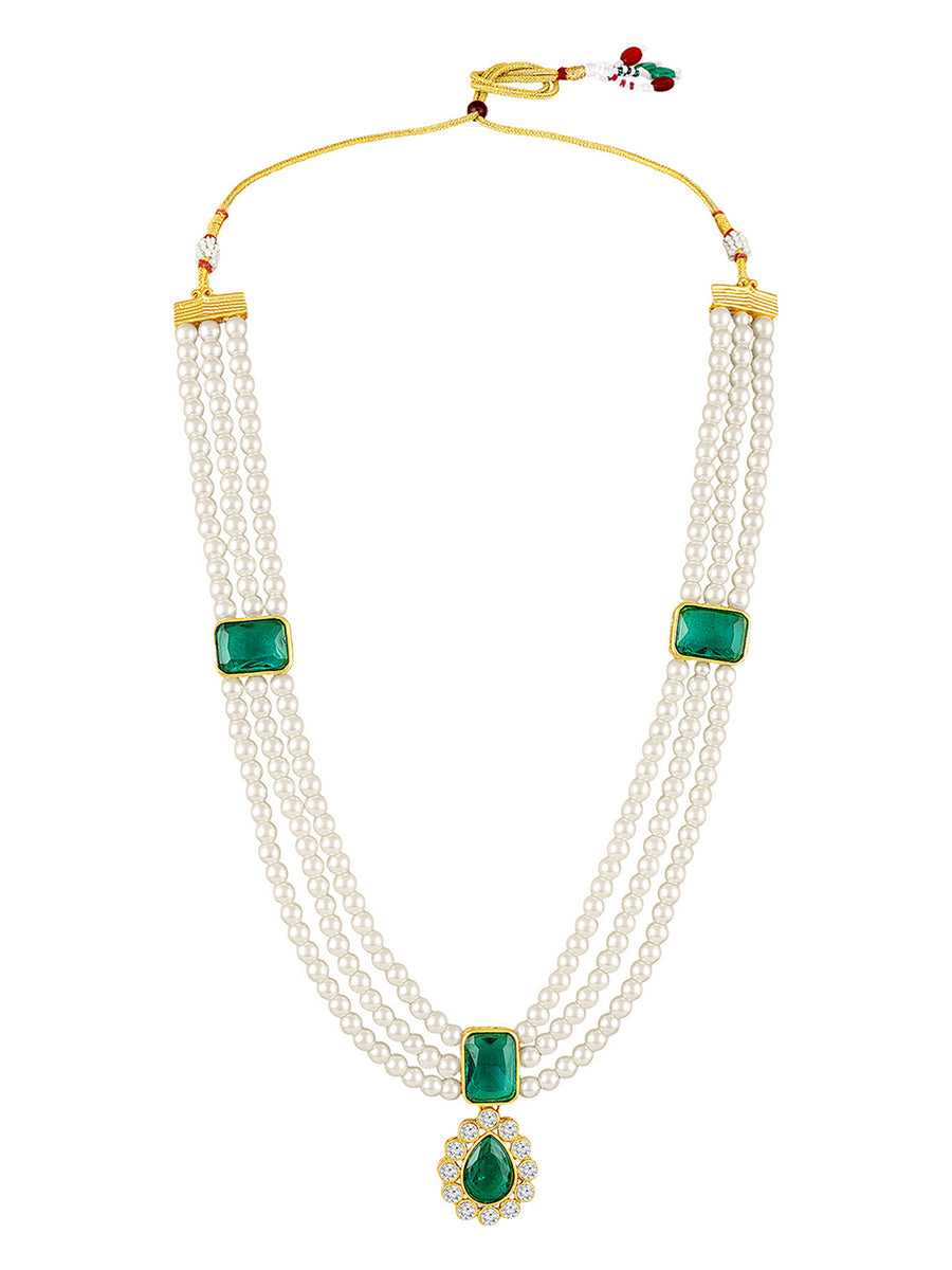 Divine Era Layered Crystal Bridal Set. Green gemstone, white pearls this has a pair of earrings & one short necklace & one long necklace perfect for layered royal look. 