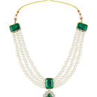 Divine Era Layered Crystal Bridal Set. Green gemstone, white pearls this has a pair of earrings & one short necklace & one long necklace perfect for layered royal look. 