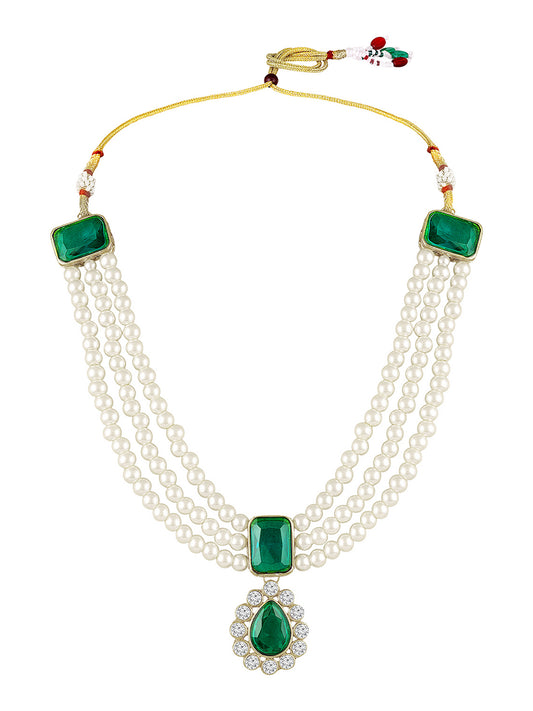 Divine Era Layered Crystal Bridal Set. Green gemstone, white pearls this has a pair of earrings & one short necklace & one long necklace perfect for layered royal look. 