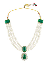 Divine Era Layered Crystal Bridal Set. Green gemstone, white pearls this has a pair of earrings & one short necklace & one long necklace perfect for layered royal look. 