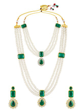 Divine Era Layered Crystal Bridal Set. Green gemstone, white pearls this has a pair of earrings & one short necklace & one long necklace perfect for layered royal look. 