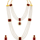 Divine Era Layered Crystal Bridal Set. Maroon gemstone, white pearls this has a pair of earrings & one short necklace & one long necklace perfect for layered royal look. 