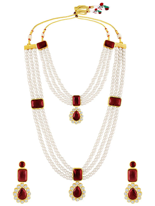 Divine Era Layered Crystal Bridal Set. Maroon gemstone, white pearls this has a pair of earrings & one short necklace & one long necklace perfect for layered royal look. 