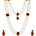 Divine Era Layered Crystal Bridal Set. Maroon gemstone, white pearls this has a pair of earrings & one short necklace & one long necklace perfect for layered royal look. 