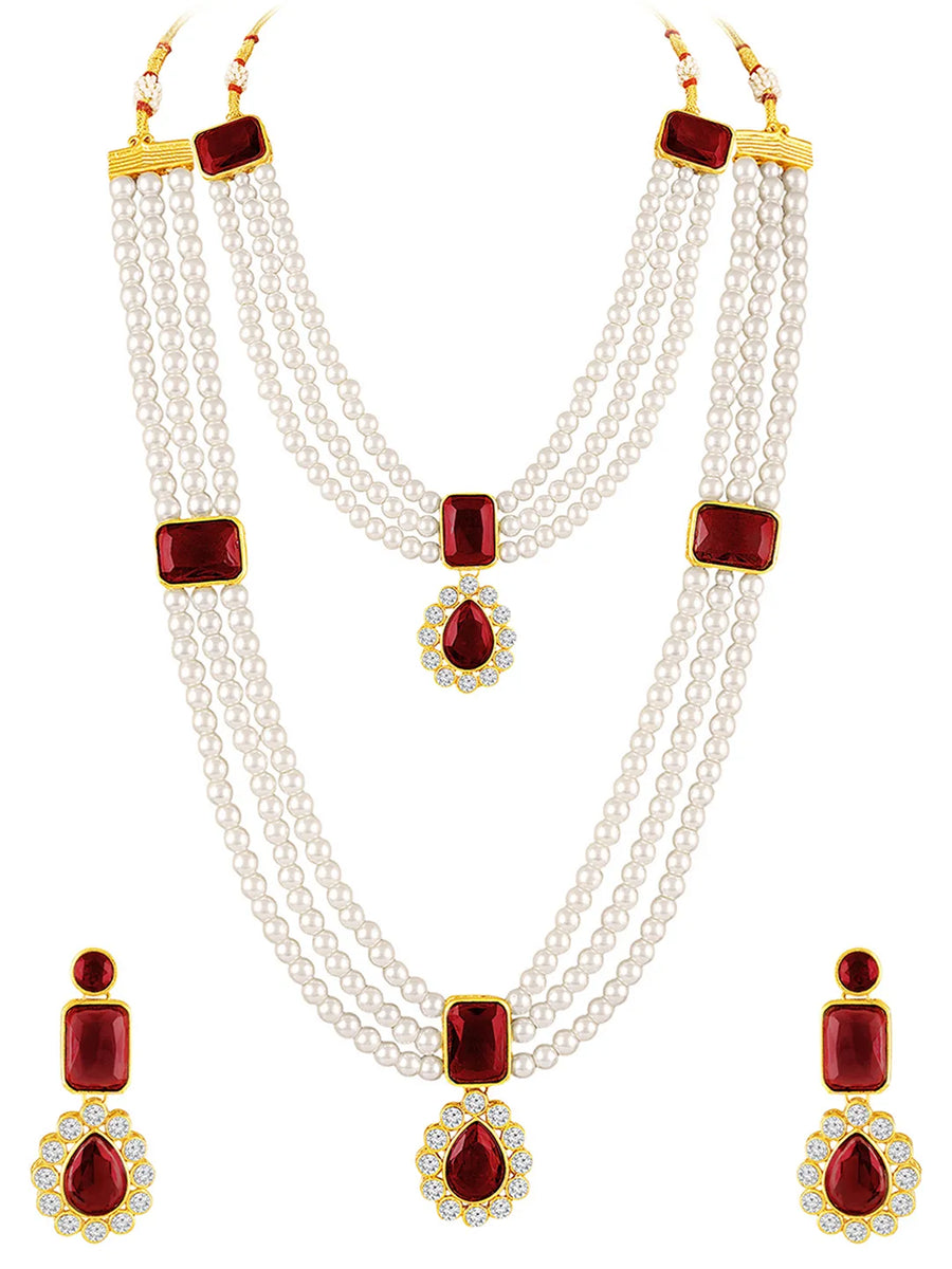 Divine Era Layered Crystal Bridal Set. Maroon gemstone, white pearls this has a pair of earrings & one short necklace & one long necklace perfect for layered royal look. 