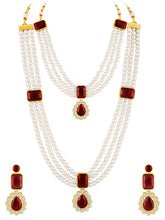 Divine Era Layered Crystal Bridal Set. Maroon gemstone, white pearls this has a pair of earrings & one short necklace & one long necklace perfect for layered royal look. 