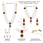Divine Era Layered Crystal Bridal Set. Maroon gemstone, white pearls this has a pair of earrings & one short necklace & one long necklace perfect for layered royal look. 