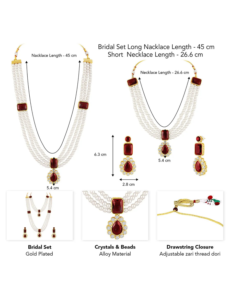 Divine Era Layered Crystal Bridal Set. Maroon gemstone, white pearls this has a pair of earrings & one short necklace & one long necklace perfect for layered royal look. 