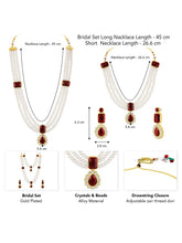 Divine Era Layered Crystal Bridal Set. Maroon gemstone, white pearls this has a pair of earrings & one short necklace & one long necklace perfect for layered royal look. 