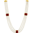 Divine Era Layered Crystal Bridal Set. Maroon gemstone, white pearls this has a pair of earrings & one short necklace & one long necklace perfect for layered royal look. 