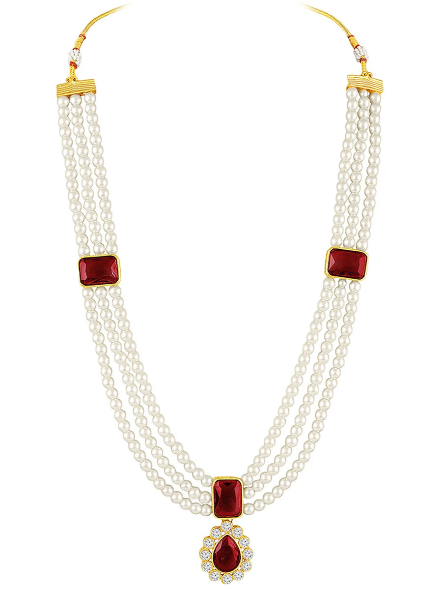 Divine Era Layered Crystal Bridal Set. Maroon gemstone, white pearls this has a pair of earrings & one short necklace & one long necklace perfect for layered royal look. 