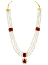 Divine Era Layered Crystal Bridal Set. Maroon gemstone, white pearls this has a pair of earrings & one short necklace & one long necklace perfect for layered royal look. 