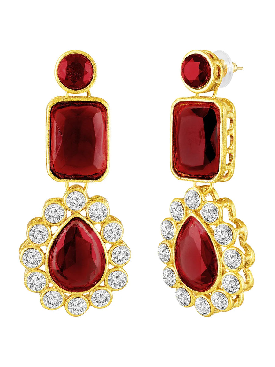 Divine Era Layered Crystal Bridal Set. Maroon gemstone, white pearls this has a pair of earrings & one short necklace & one long necklace perfect for layered royal look. 