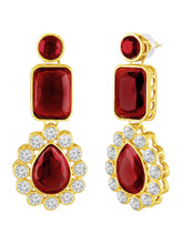 Divine Era Layered Crystal Bridal Set. Maroon gemstone, white pearls this has a pair of earrings & one short necklace & one long necklace perfect for layered royal look. 