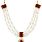 Divine Era Layered Crystal Bridal Set. Maroon gemstone, white pearls this has a pair of earrings & one short necklace & one long necklace perfect for layered royal look. 