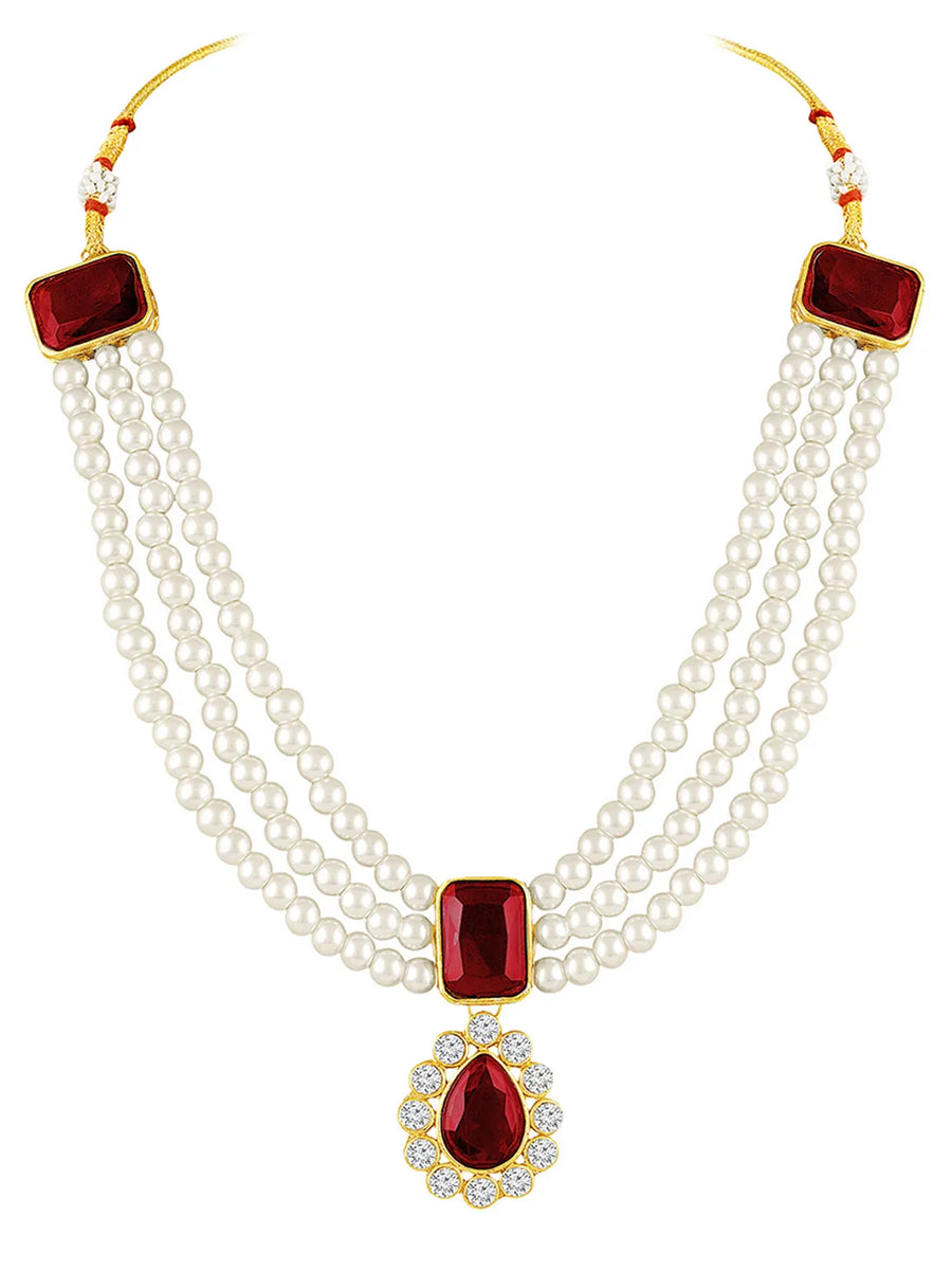 Divine Era Layered Crystal Bridal Set. Maroon gemstone, white pearls this has a pair of earrings & one short necklace & one long necklace perfect for layered royal look. 