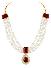 Divine Era Layered Crystal Bridal Set. Maroon gemstone, white pearls this has a pair of earrings & one short necklace & one long necklace perfect for layered royal look. 