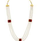 Divine Era Layered Crystal Bridal Set. Maroon gemstone, white pearls this has a pair of earrings & one short necklace & one long necklace perfect for layered royal look. 