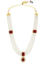 Divine Era Layered Crystal Bridal Set. Maroon gemstone, white pearls this has a pair of earrings & one short necklace & one long necklace perfect for layered royal look. 
