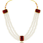 Divine Era Layered Crystal Bridal Set. Maroon gemstone, white pearls this has a pair of earrings & one short necklace & one long necklace perfect for layered royal look. 