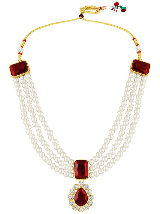 Divine Era Layered Crystal Bridal Set. Maroon gemstone, white pearls this has a pair of earrings & one short necklace & one long necklace perfect for layered royal look. 