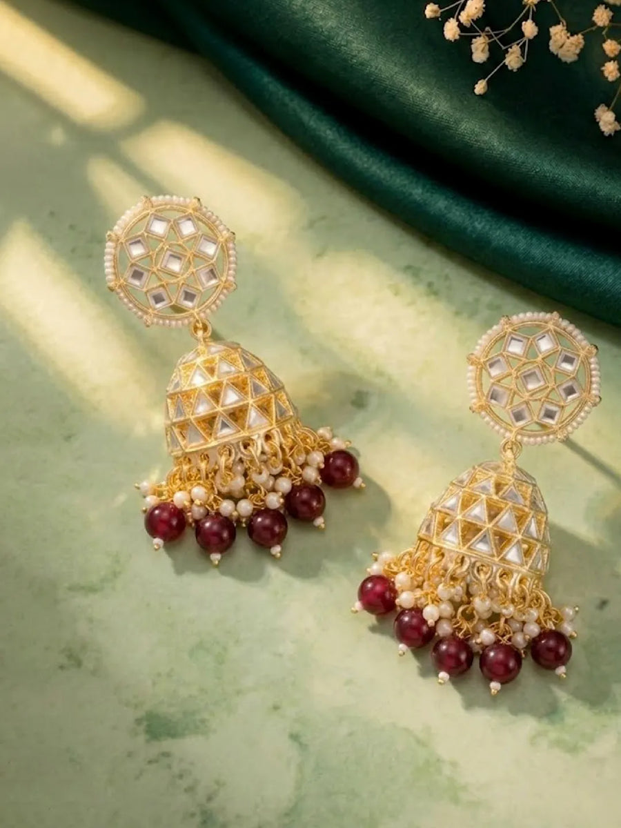 Peora Maroon Royal Jhumka Earrings - Gold