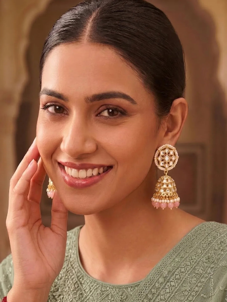 Peora Pink Royal Jhumka Earrings - Gold