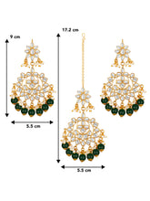 Majestic Glow Earring and Maangtikka. Pair of earrings & Maangtikka, with gold plating, kundan, green beads along with pearls. Buy best selling jewellery from Peora.