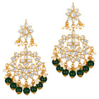 Majestic Glow Earring and Maangtikka. Pair of earrings & Maangtikka, with gold plating, kundan, green beads along with pearls. Buy best selling jewellery from Peora.