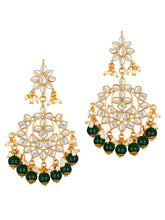 Majestic Glow Earring and Maangtikka. Pair of earrings & Maangtikka, with gold plating, kundan, green beads along with pearls. Buy best selling jewellery from Peora.