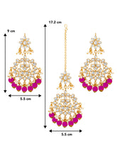 Majestic Glow Earring and Maangtikka. Pair of earrings & Maangtikka, with gold plating, kundan, pink beads along with pearls. Buy best selling jewellery from Peora.