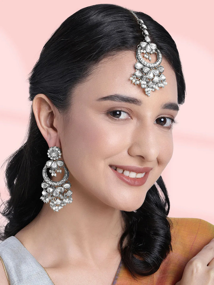 Rhodium Plated Pearl Statement Tikka Set