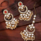 Graceful Lustrous Maang Tikka Set. Pair of earrings & Maangtikka, with gold plating, kundan along with pearls. Buy best selling jewellery from Peora.
