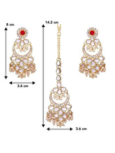 Graceful Lustrous Maang Tikka Set. Pair of earrings & Maangtikka, with gold plating, kundan along with pearls. Buy best selling jewellery from Peora.