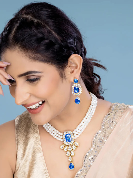 Bliss Crystal Pearl Choker Necklace Set - Blue