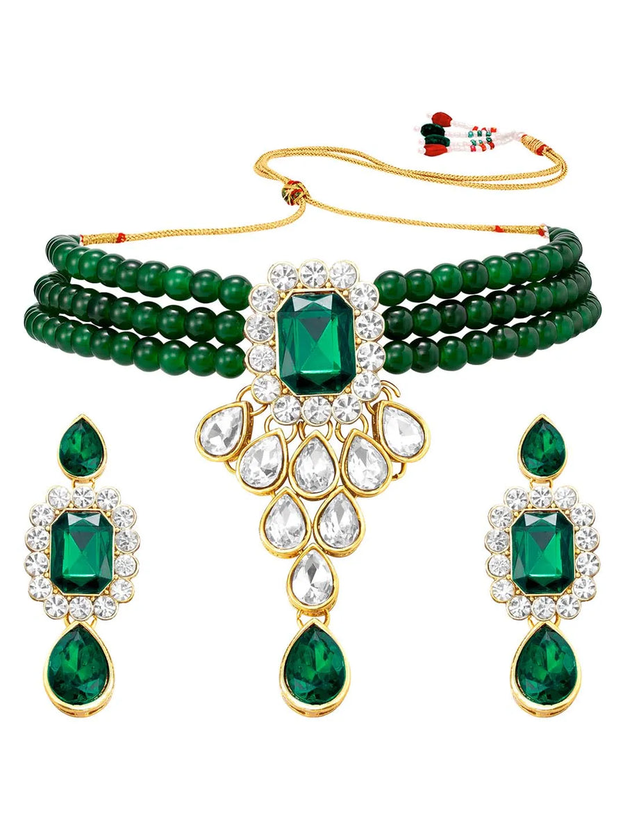 Bliss Crystal Pearl Choker Necklace Set - Green