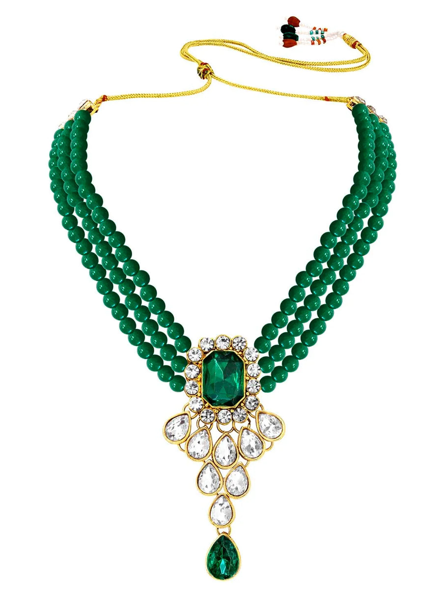 Bliss Crystal Pearl Choker Necklace Set - Green