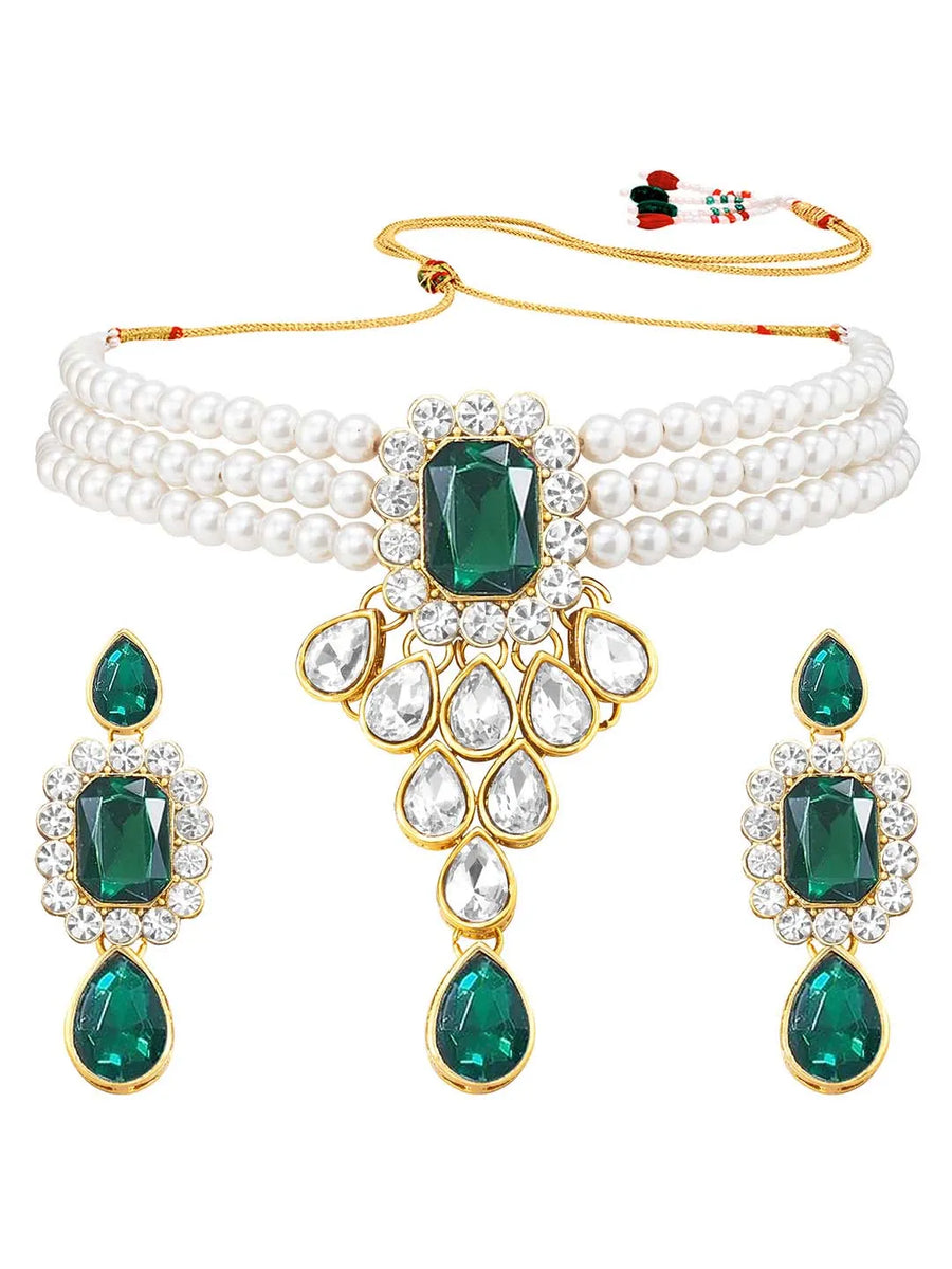 Bliss Crystal Pearl Choker Necklace Set - Green