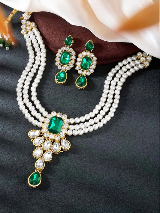 Bliss Crystal Pearl Choker Necklace Set - Green