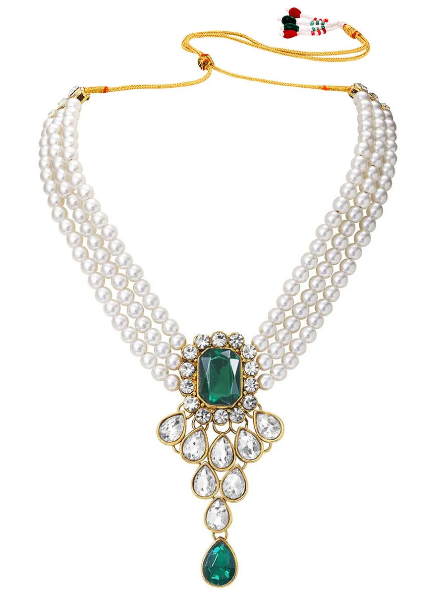 Bliss Crystal Pearl Choker Necklace Set - Green