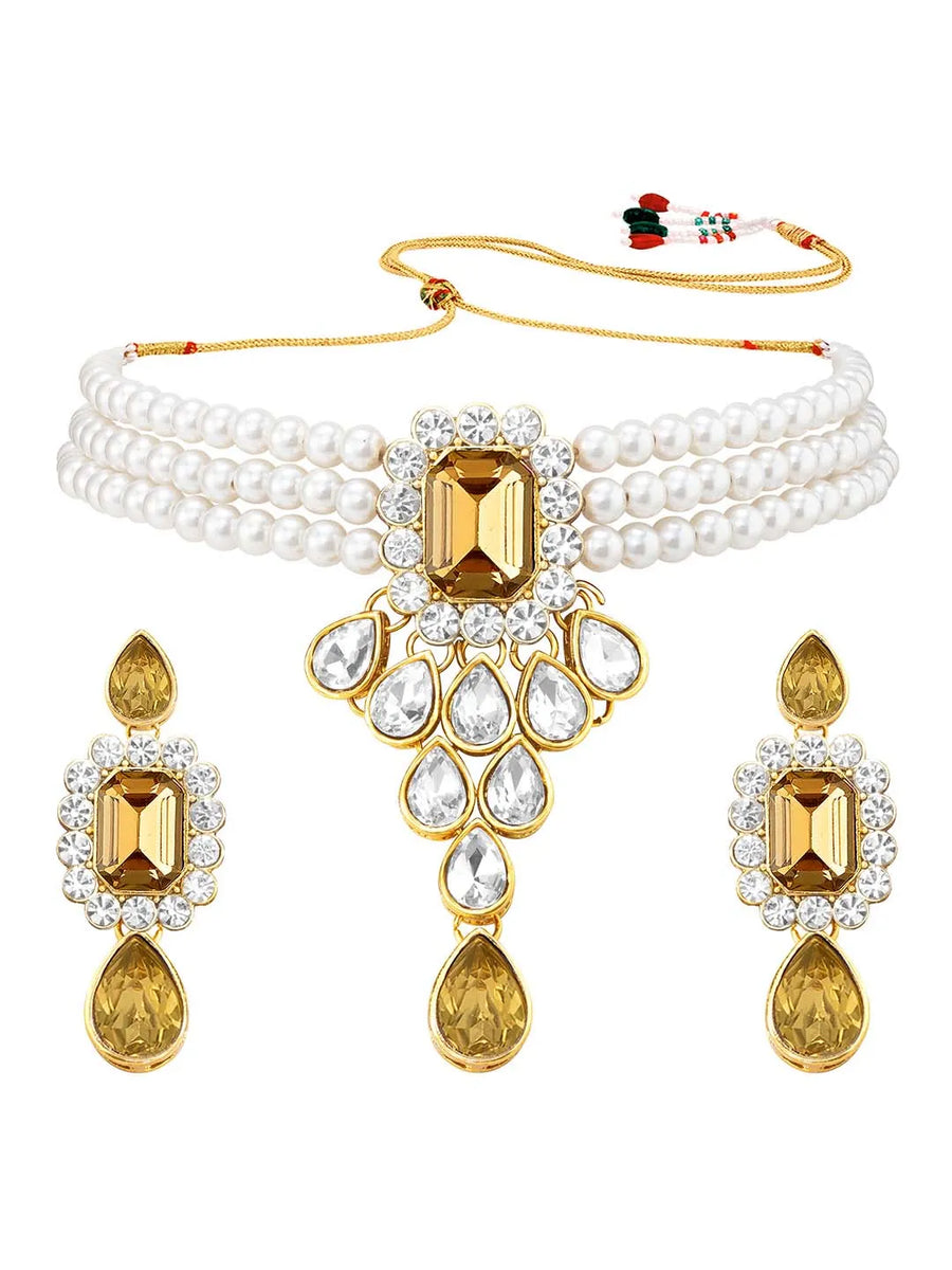 Bliss Crystal Pearl Choker Necklace Set - Champagne