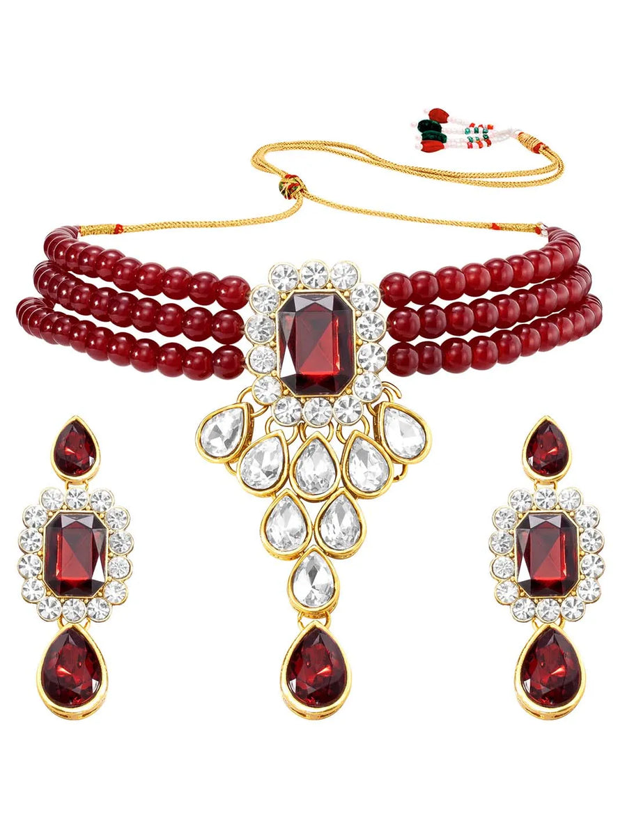 Bliss Crystal Pearl Choker Necklace Set - Maroon