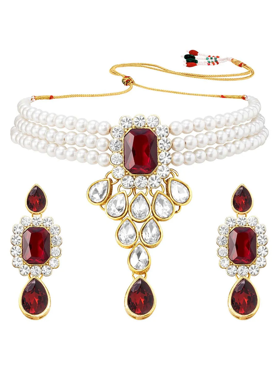 Bliss Crystal Pearl Choker Necklace Set - Maroon