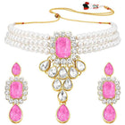 Crystal Pearl Choker Necklace Set. Pearl necklace with pink gemstones, with pair of earrings.