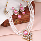 Crystal Pearl Choker Necklace Set. Pearl necklace with pink gemstones, with pair of earrings.