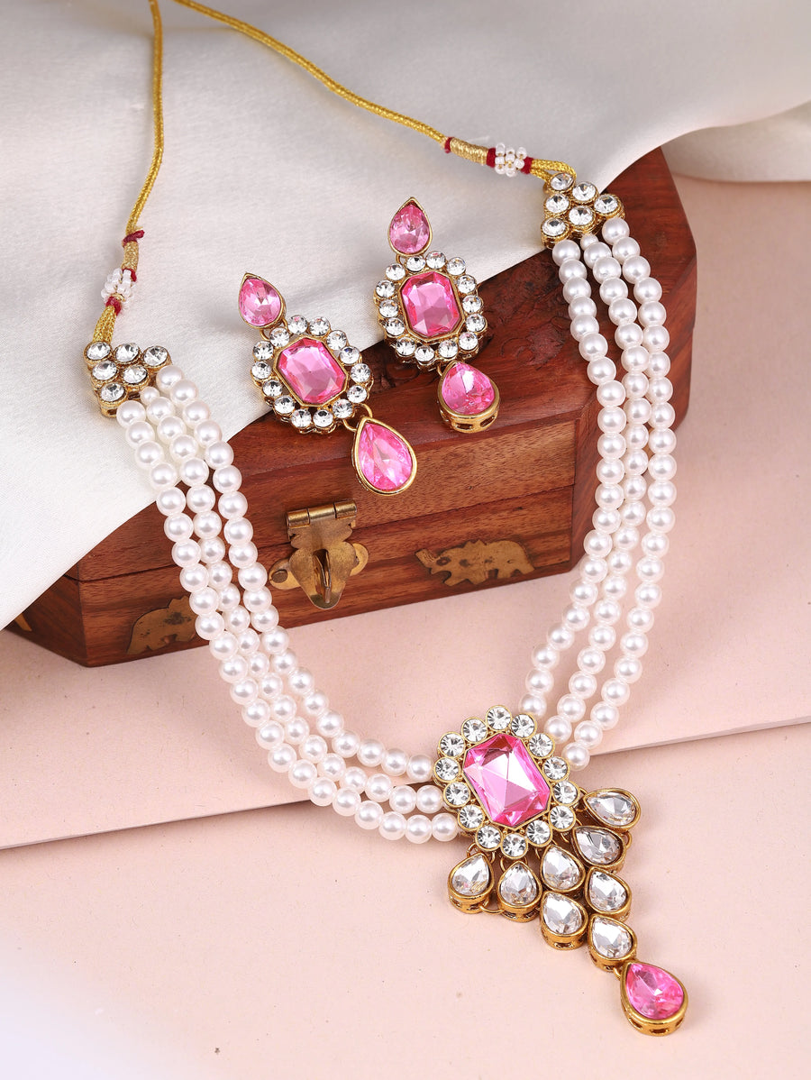 Crystal Pearl Choker Necklace Set. Pearl necklace with pink gemstones, with pair of earrings.
