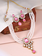 Crystal Pearl Choker Necklace Set. Pearl necklace with pink gemstones, with pair of earrings.